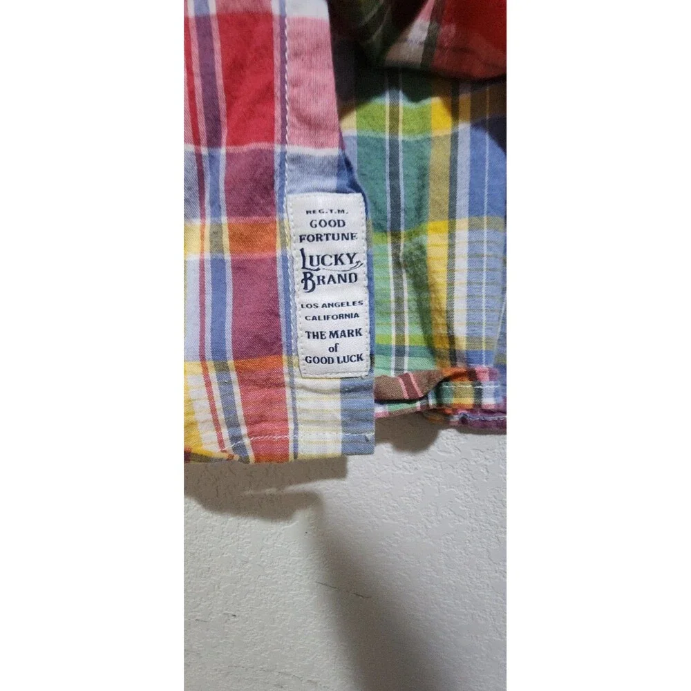 Lucky Brand Medium XL Pink Green Plaid SATURDAY STRETCH Men's Button-Front SHirt